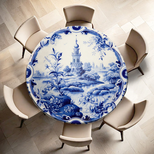 Delft Vermeer's Garden Round Tablecloth