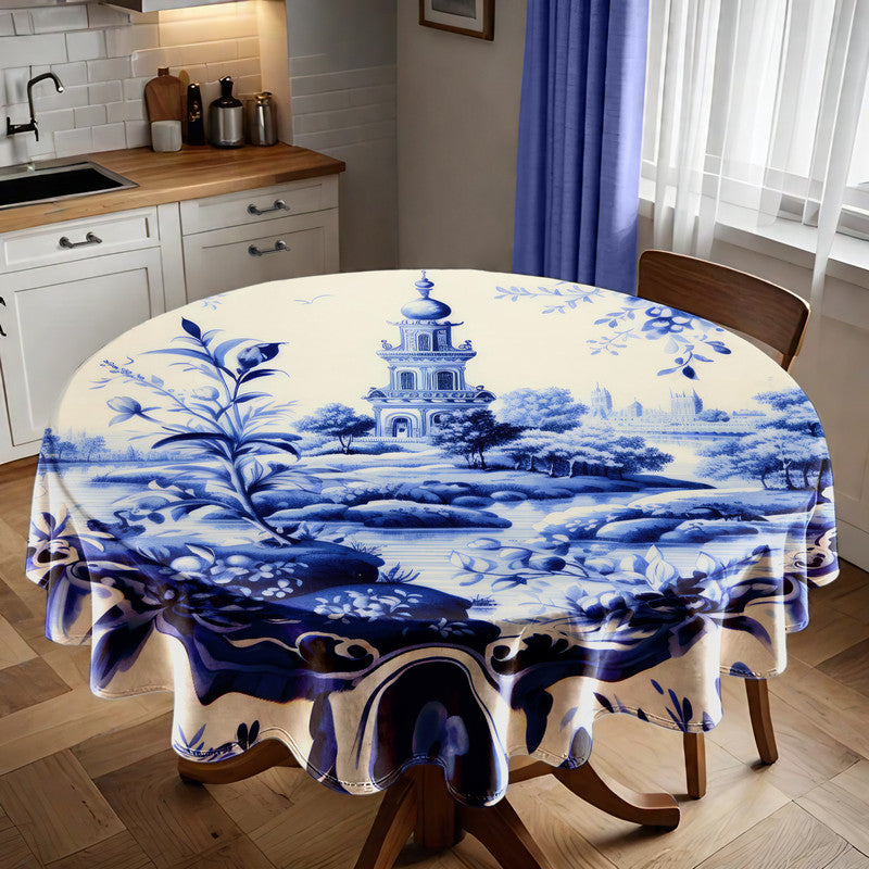 Delft Vermeer's Garden Round Tablecloth