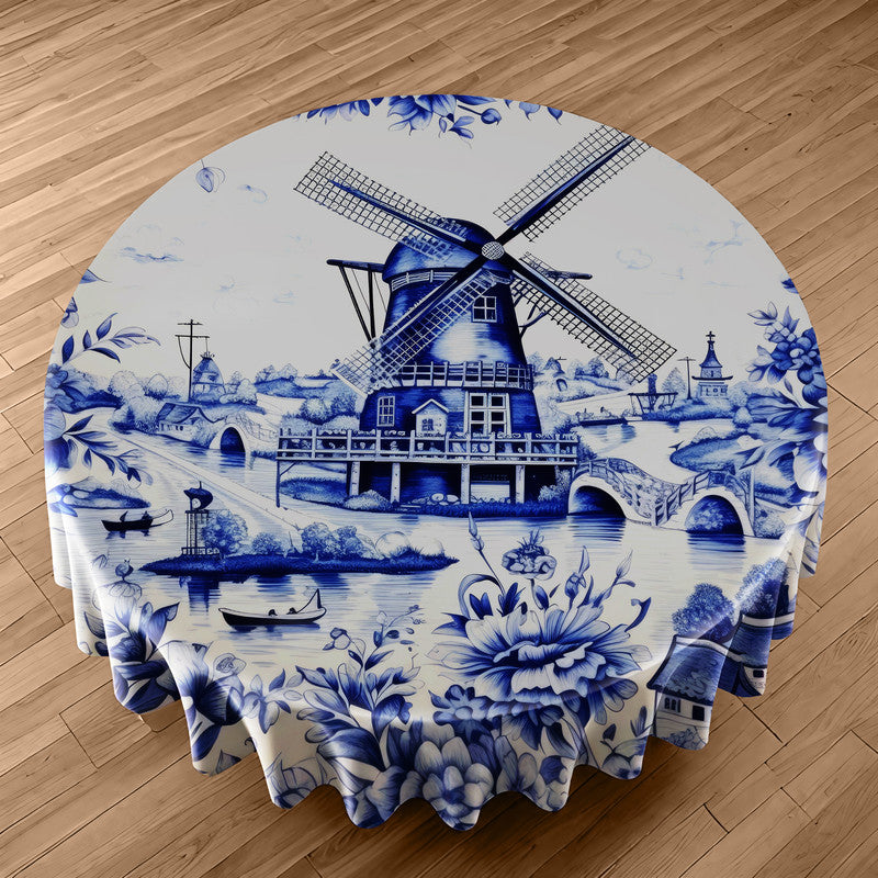 Delft Windmill Lanscape Round Tablecloth