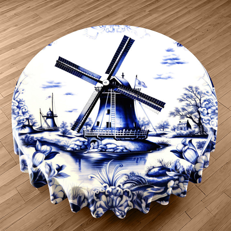 Delft Windmill Whispers Round Tablecloth