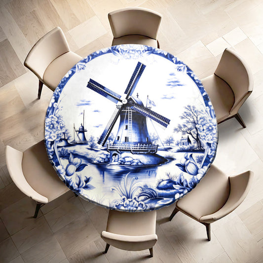 Delft Windmill Whispers Round Tablecloth