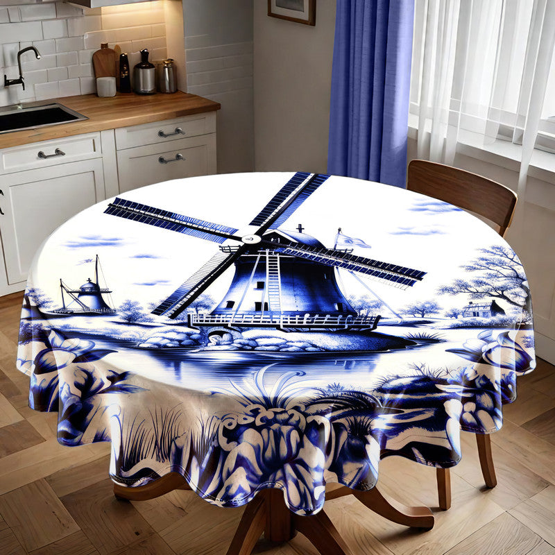 Delft Windmill Whispers Round Tablecloth