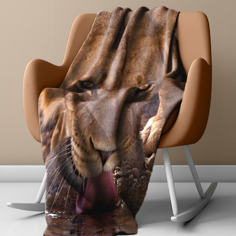 Drinking Male Lion Kgalagadi Light Weight Fleece Blanket By Fanie Heymans