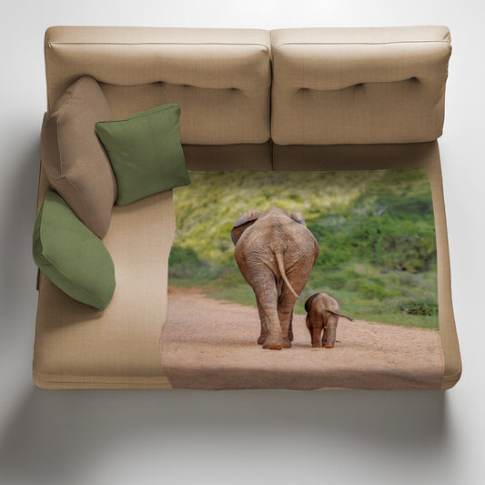 Elephant Mom And Calf Walking Away Light Weight Fleece Blanket by Fanie Heymans