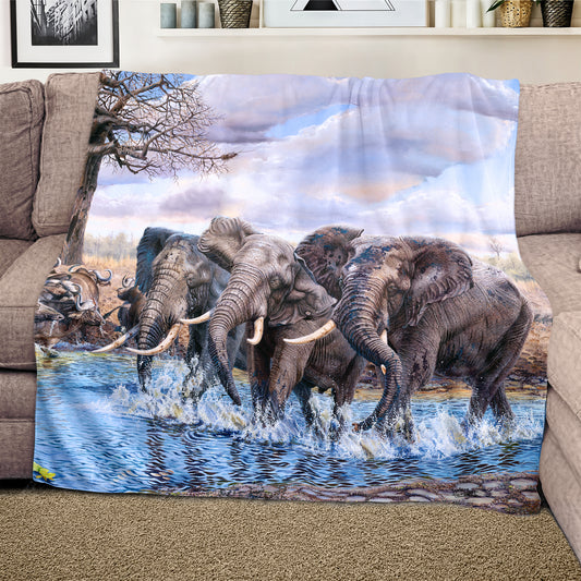 Elephants at the Water Hole Light Weight Fleece Blanket by Delene Lambert