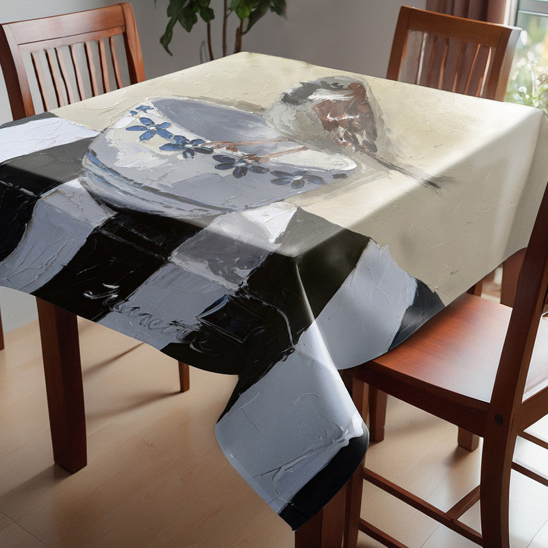 Feathers and Porcelain Square Tablecloth by Juanette Menderoi