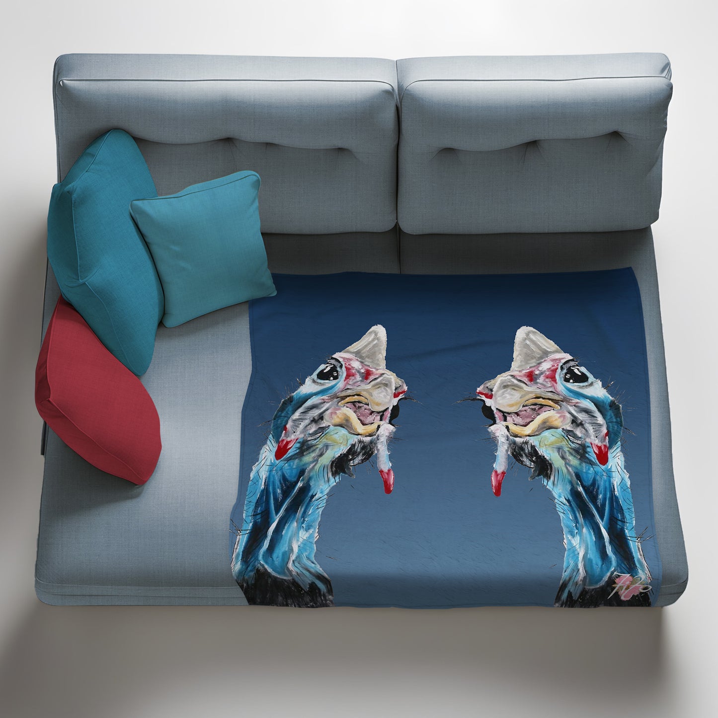 Goofy Guineafowl On Blue Light Weight Fleece Blanket by Fifo