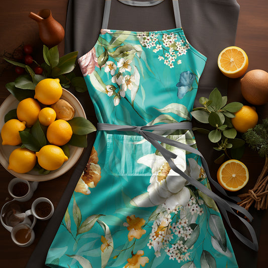 Floral On Turquoise Apron By Mark Van Vuuren