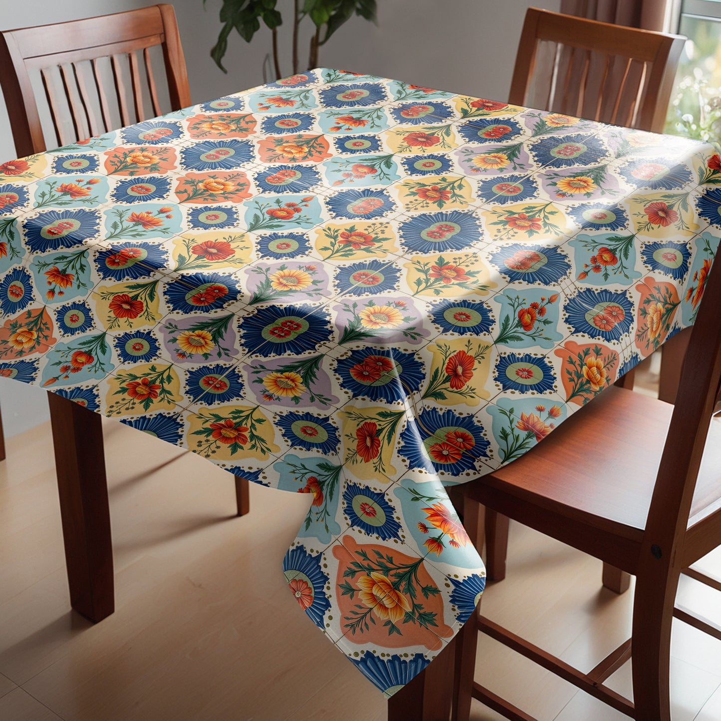 Floral Tiled Stamp Square Tablecloth