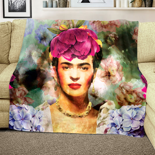 Frida Kahlo on Green Light Weight Fleece Blanket By Mark Van Vuuren