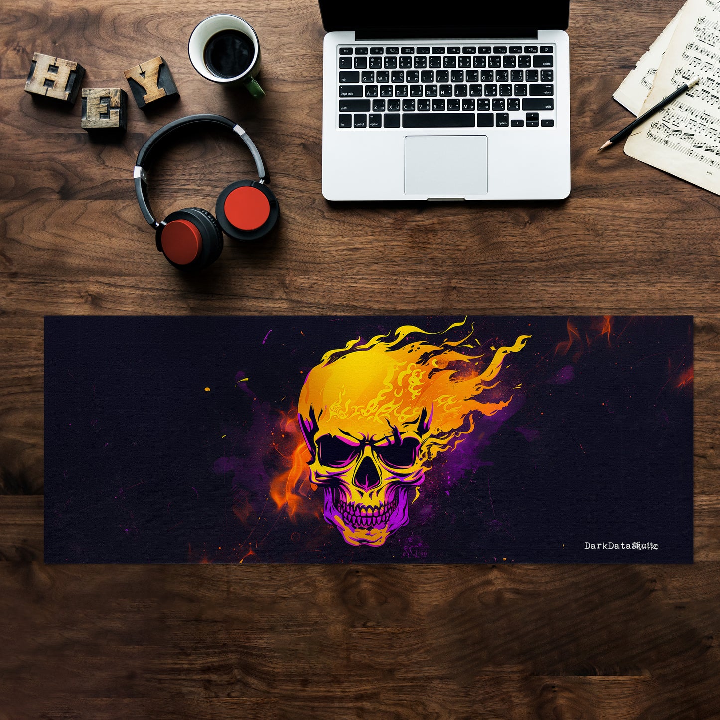 Yellow and Purple Gamer Skull by Wikus Schalkwyk Large Desk Pad