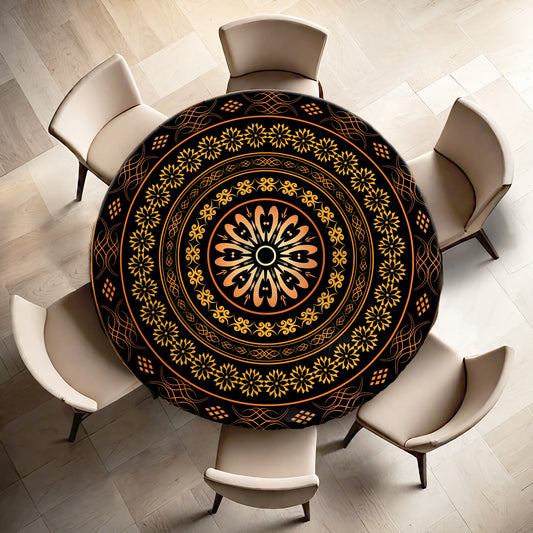 Gold & Orange Pattern Round Tablecloth