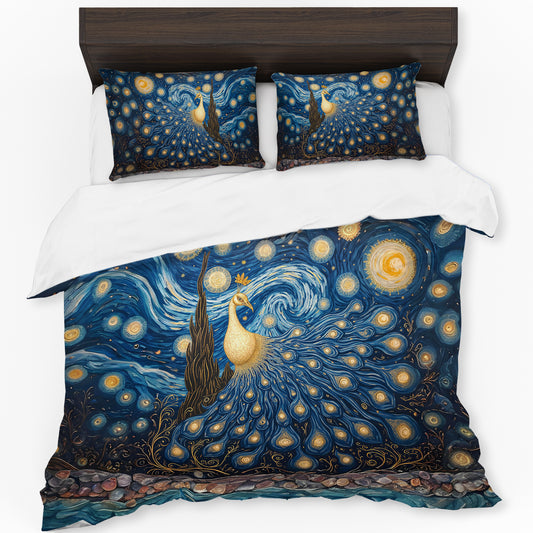 Golden Peacock Starry Night Duvet Cover Set