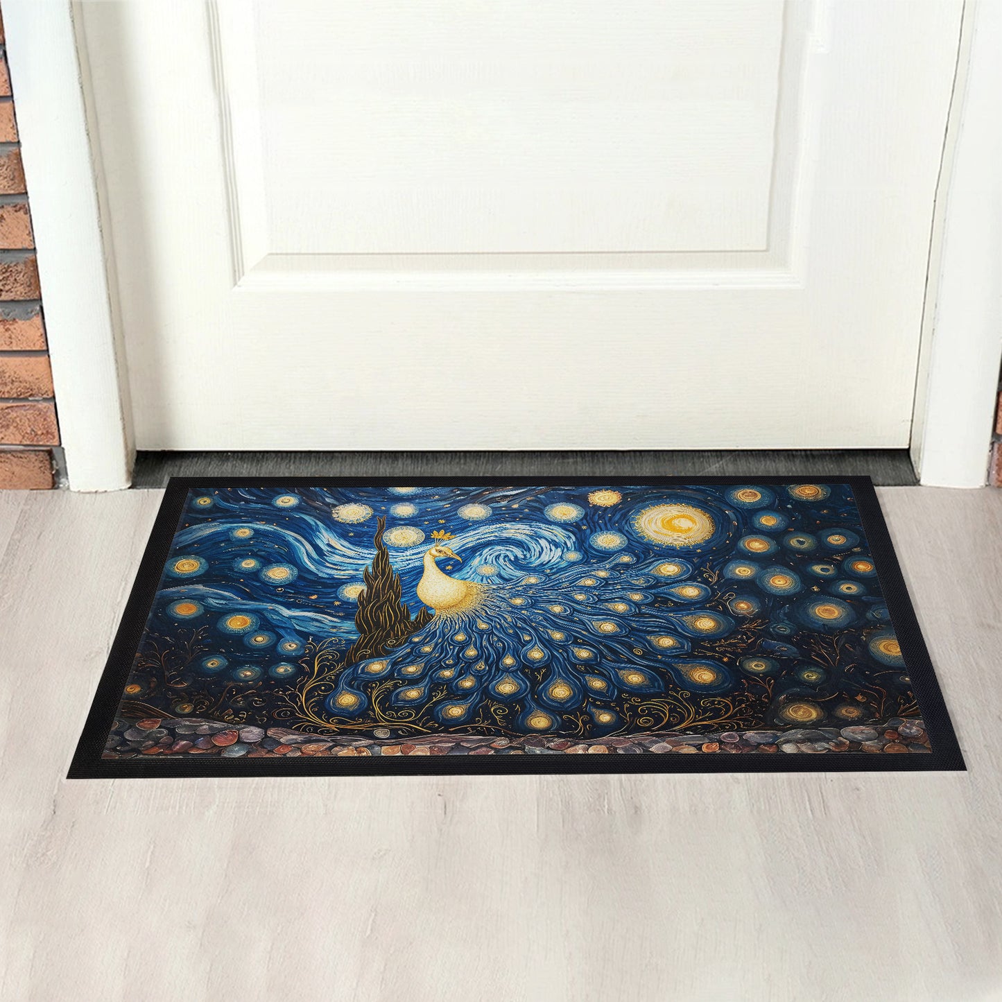 Golden Peacock Starry Nights Door Mat