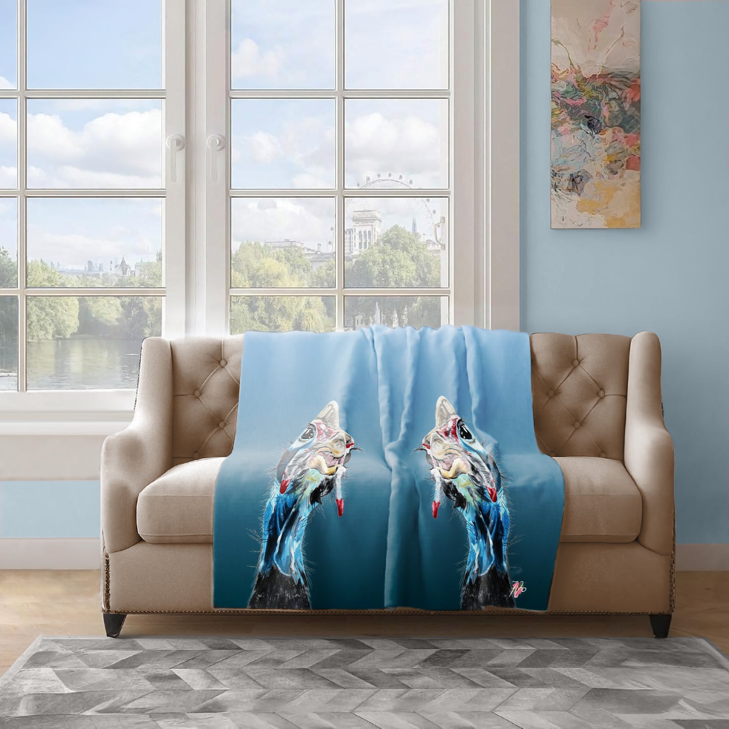 Goofy Guineafowl On Blue Light Weight Fleece Blanket by Fifo
