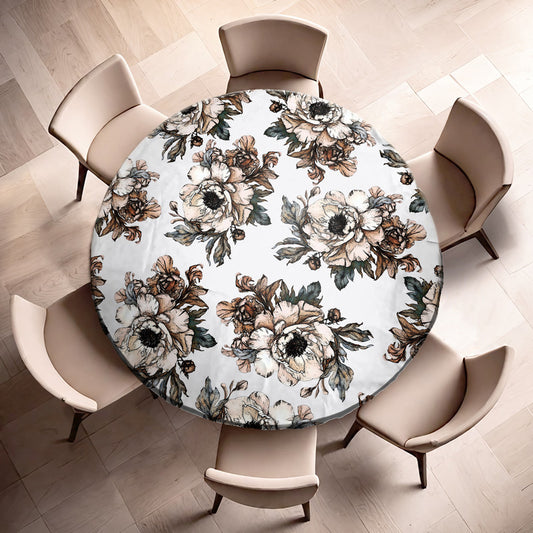 Gravite Drawn Brown Flowers Round Tablecloth by Mark van Vuuren
