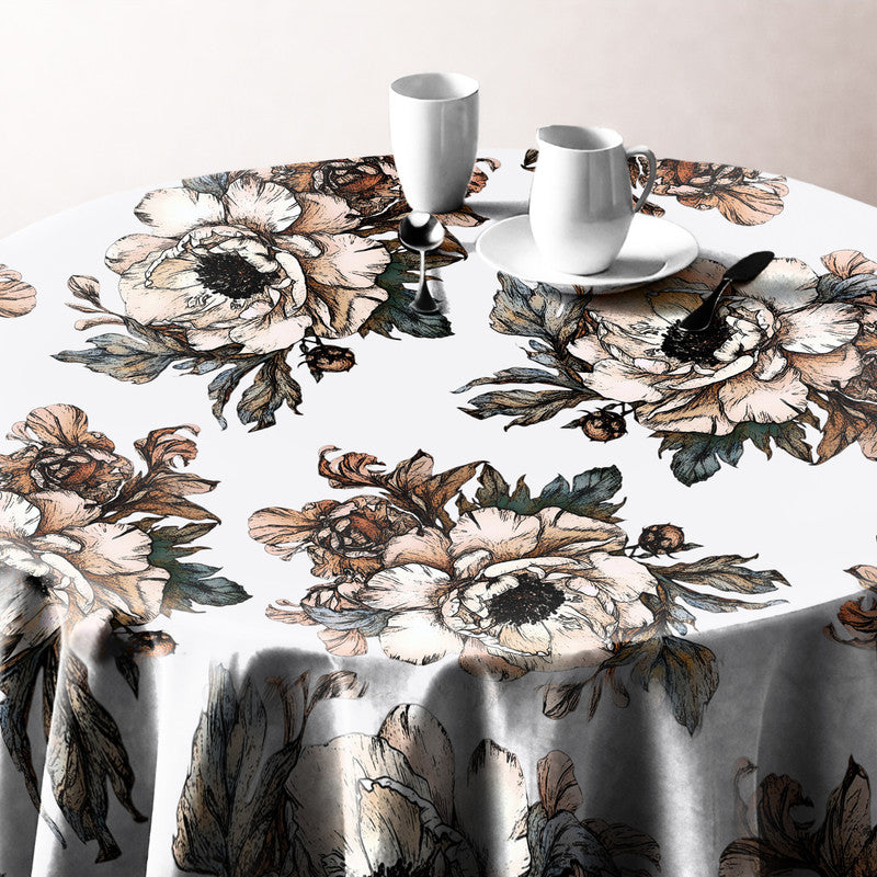 Gravite Drawn Brown Flowers Round Tablecloth by Mark van Vuuren