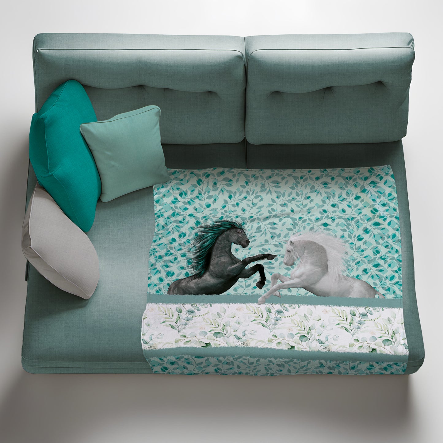 Green Leaves Horse Battle Light Weighht Fleece Blanket