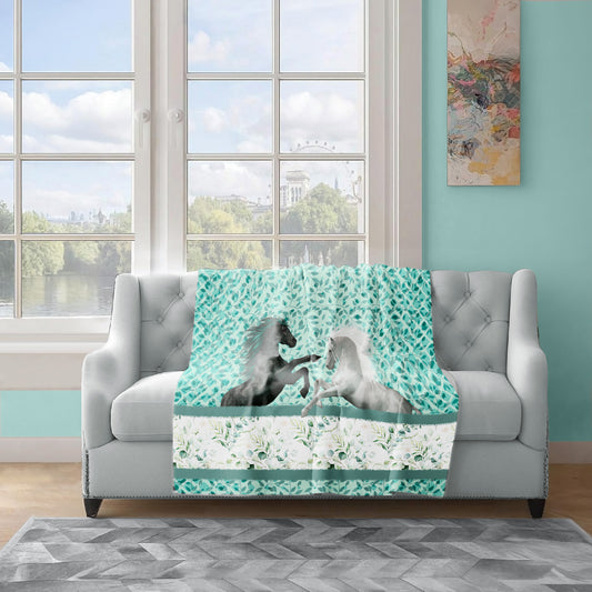 Green Leaves Horse Battle Light Weighht Fleece Blanket