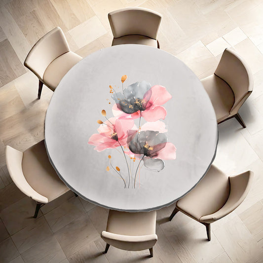 Grey and Pink Poppy Round Tablecloth