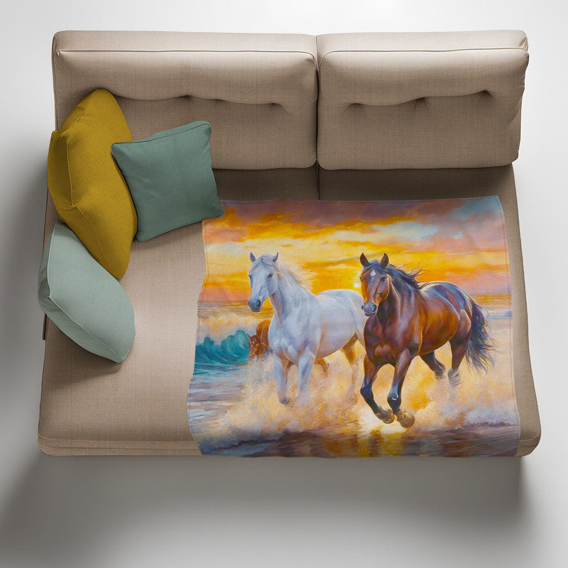 Horses Galloping Along The Shore Light Weight Fleece Blanket