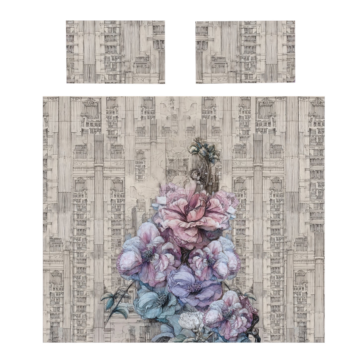 Ink-Line Peonies Duvet Cover Set