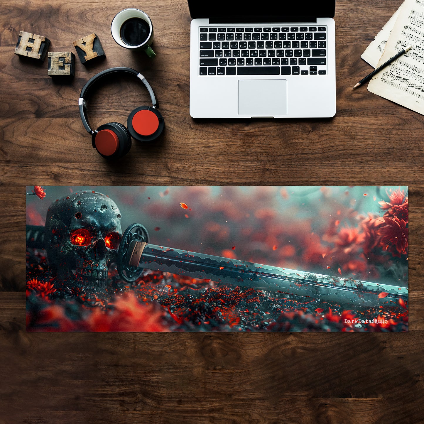 Red Japanese Samurai with Skull by Wikus Schalkwyk Large Desk Pad