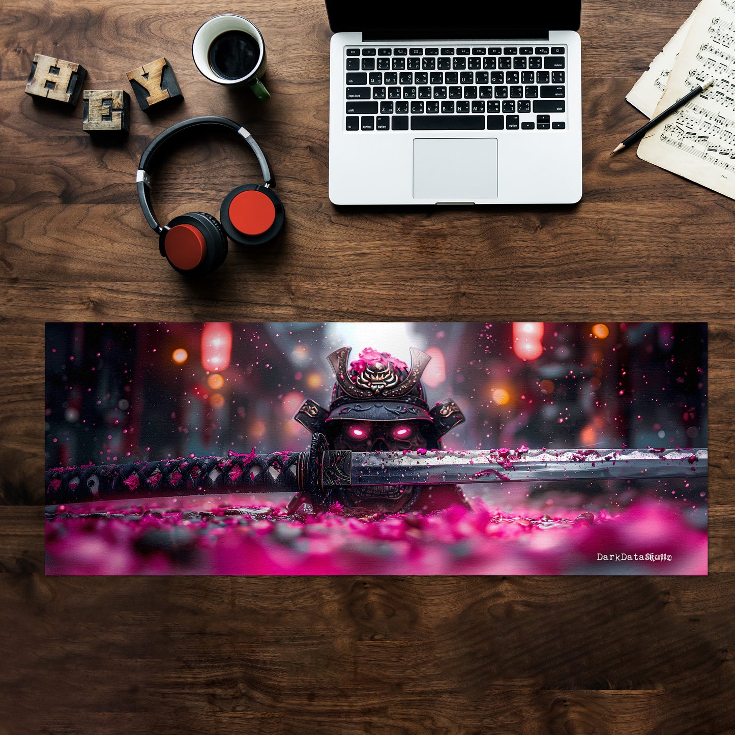 Pink Japanese Samurai with Skull by Wikus Schalkwyk Large Desk Pad