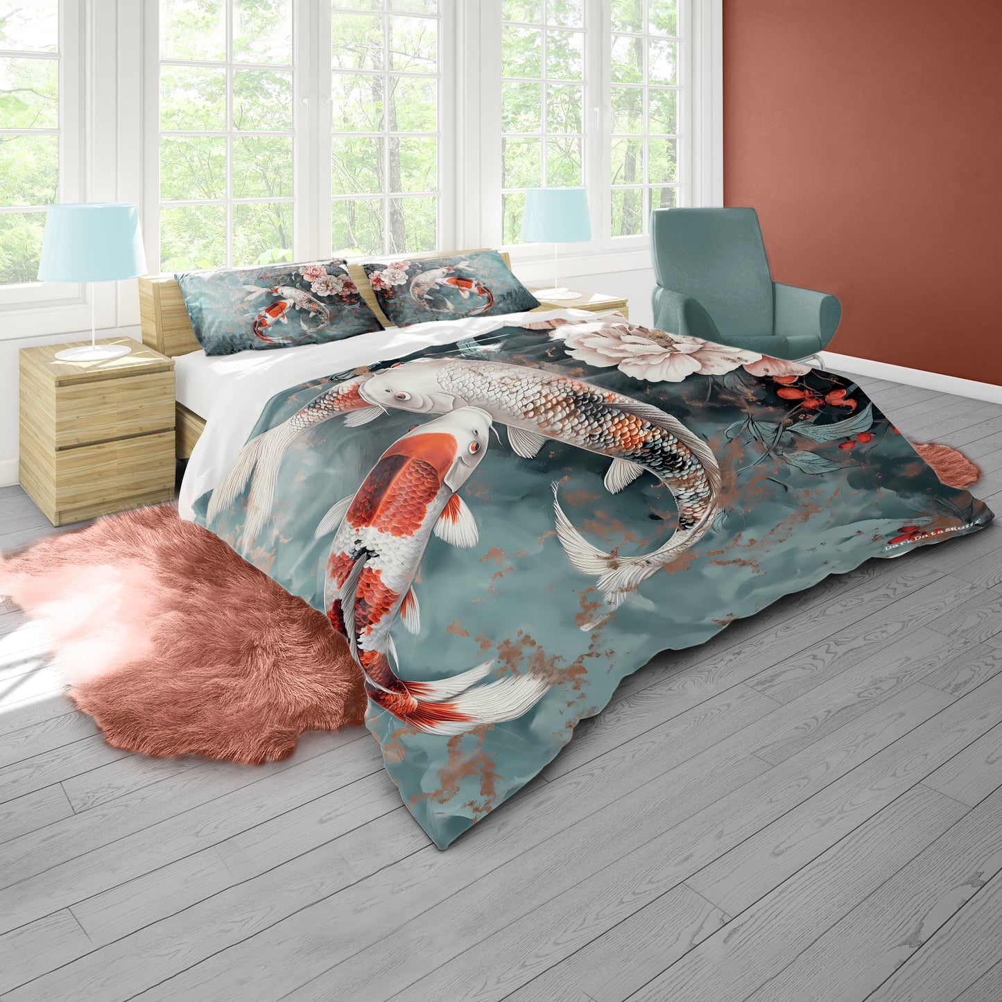 Koi Fish in Flower Pond by Wikus Schalkwyk Duvet Cover Set