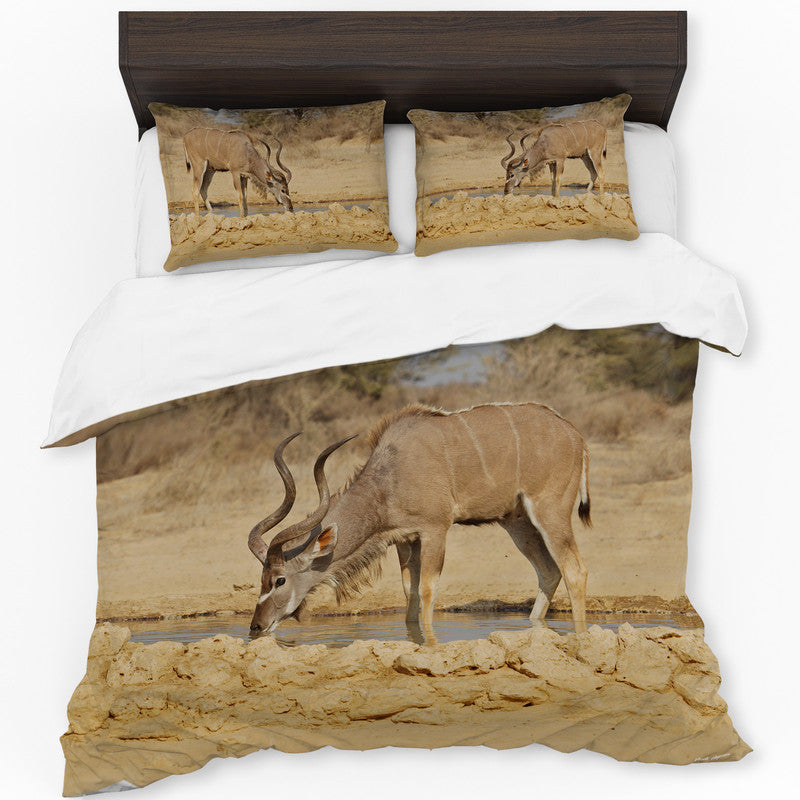 Kudu Bull at Waterhole Duvet Cover Set by Annette Heymans