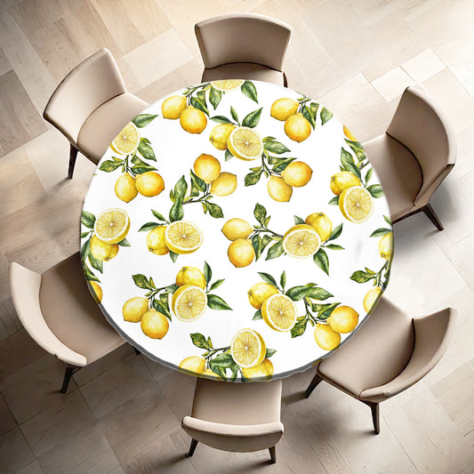 Lemons On White Round Tablecloth by Mark van Vuuren