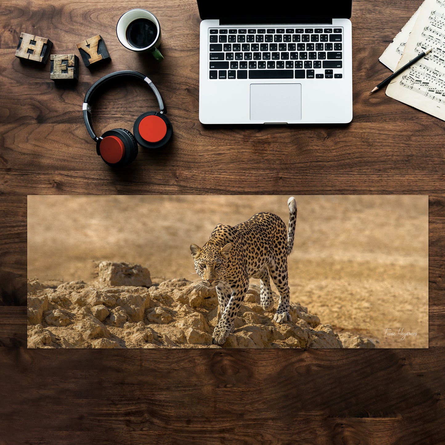 Leopard Stare Desk Pad by Fanie Heymans