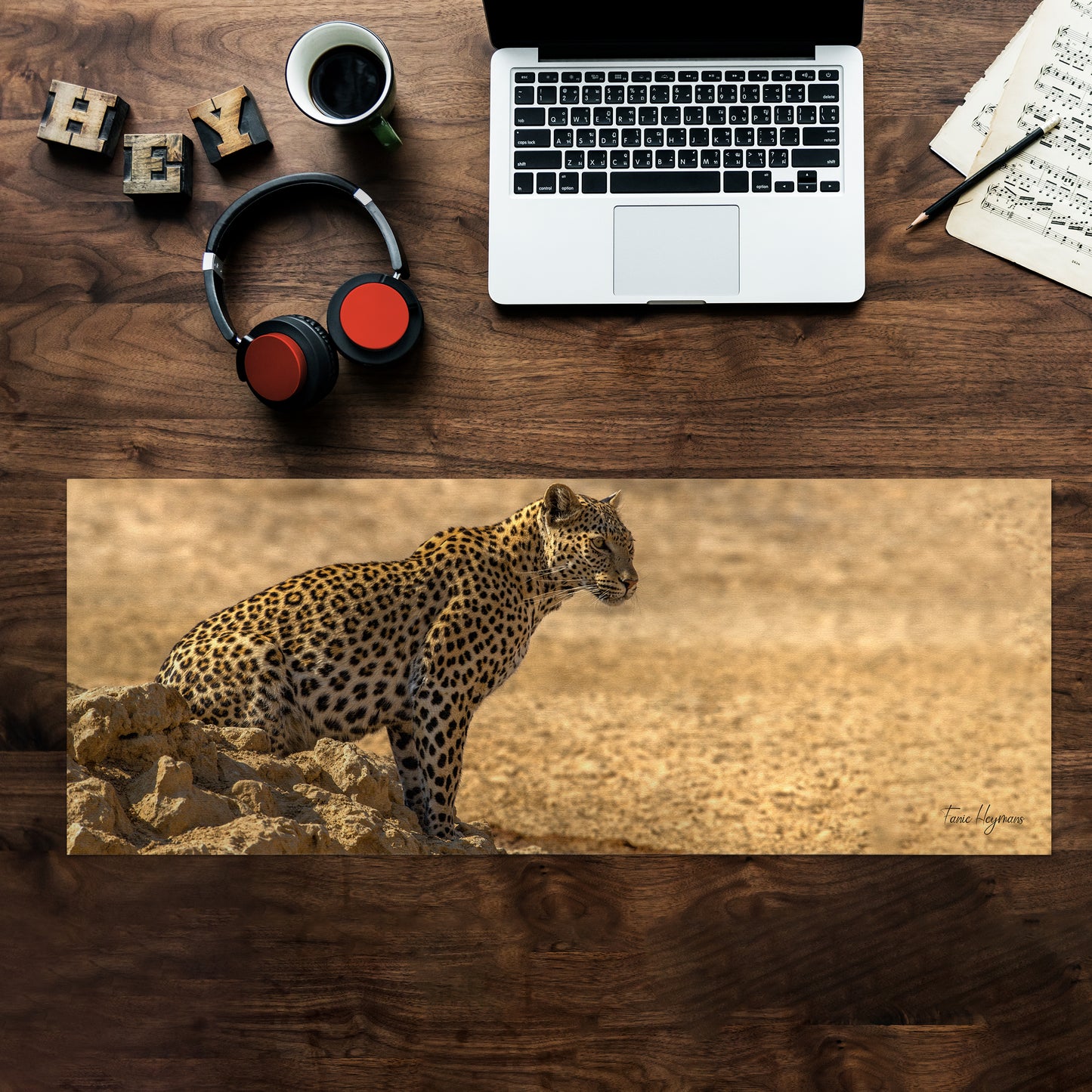 Leopard at Waterhole Large Desk Pad by Fanie Heymans