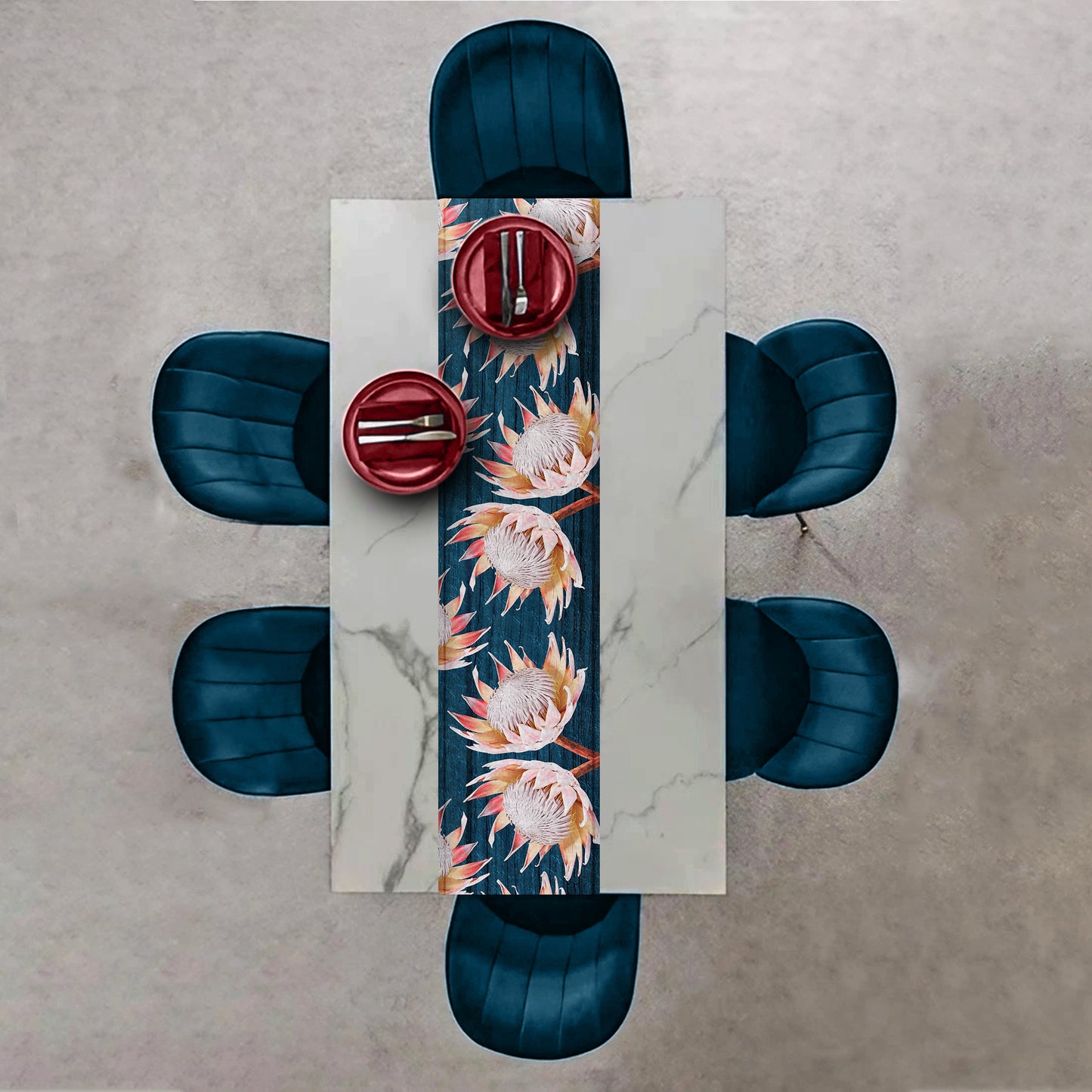 White Protea on Blue Background Table Runner By Mark van Vuuren