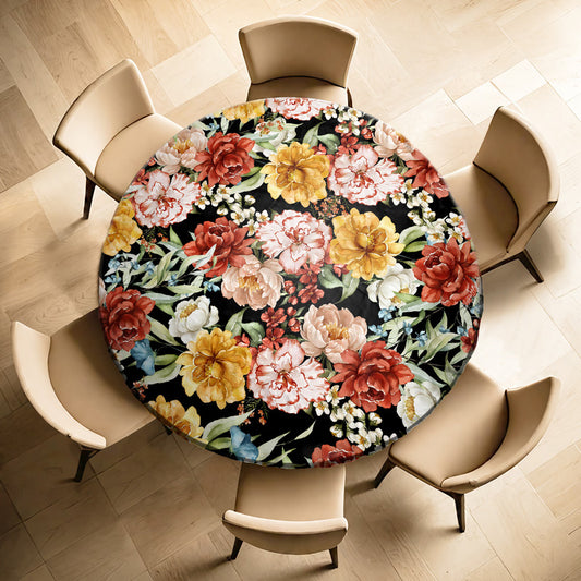 Maroon Yellow Flowers on Black Round Tablecloth by Mark van Vuuren