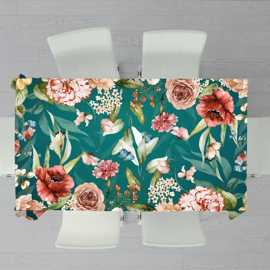 Maroon and Peach Tone Flowers On Green Rectangle Tablecloth by Mark van Vuuren