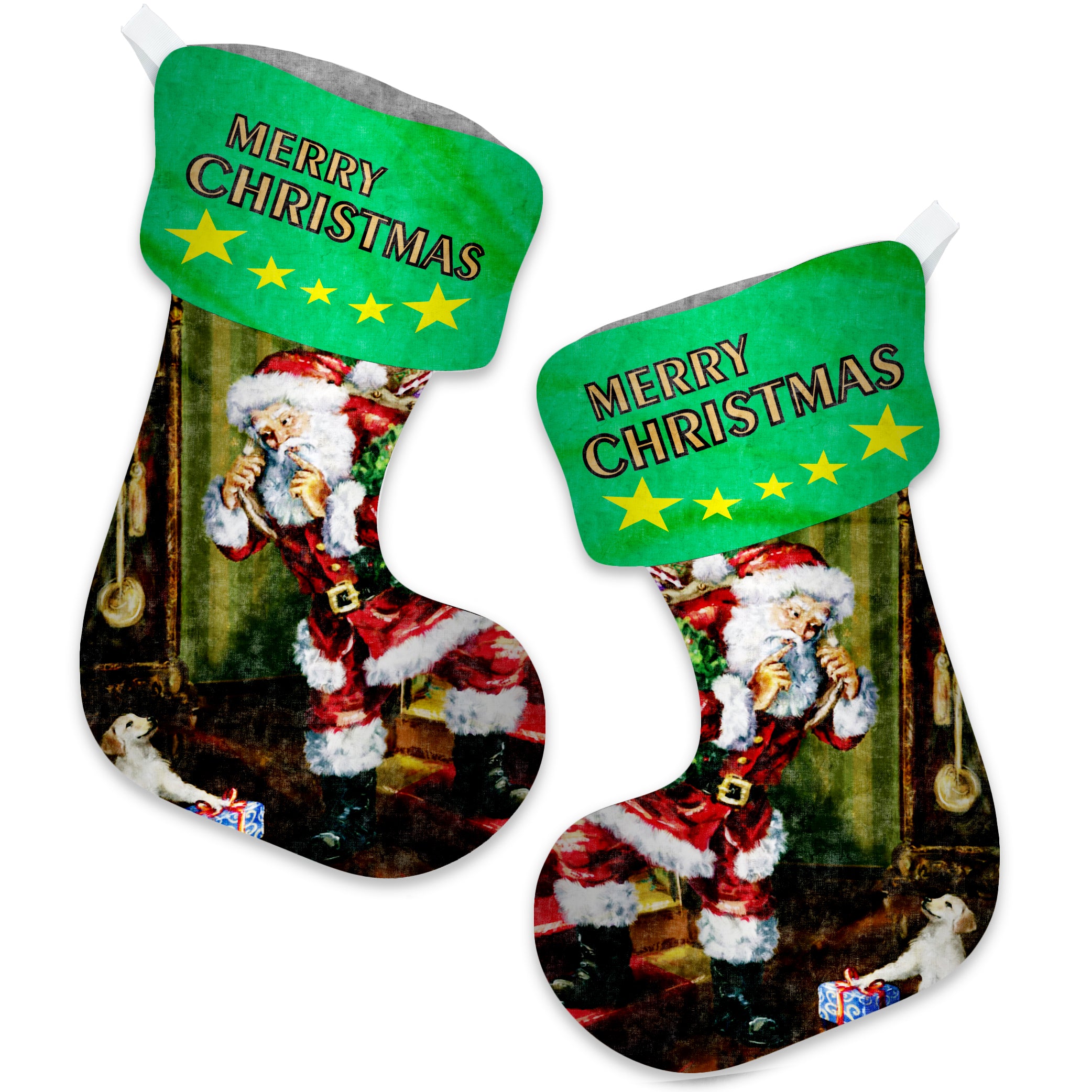 Green Top Santa And Puppy Christmas Gift Stockings Print With Passion green-top-santa-and-puppy-christmas-gift-stockings-print-with-passion