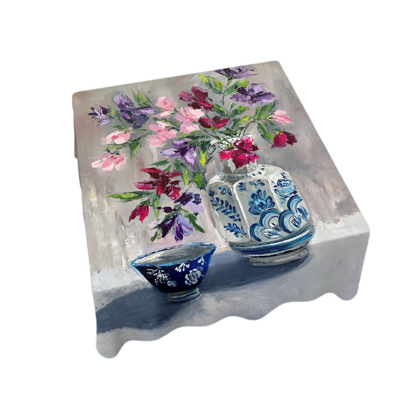 Mix of Floral in Porcelain Pot Square Tablecloth By Juanette Menderoi
