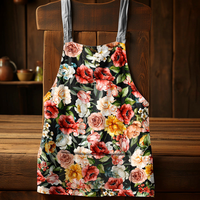 Mix of Red Floral Tone Medium Length Apron by Mark van Vuuren