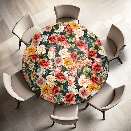 Mustard Flowers Pattern on Black Round Tablecloth by Mark van Vuuren