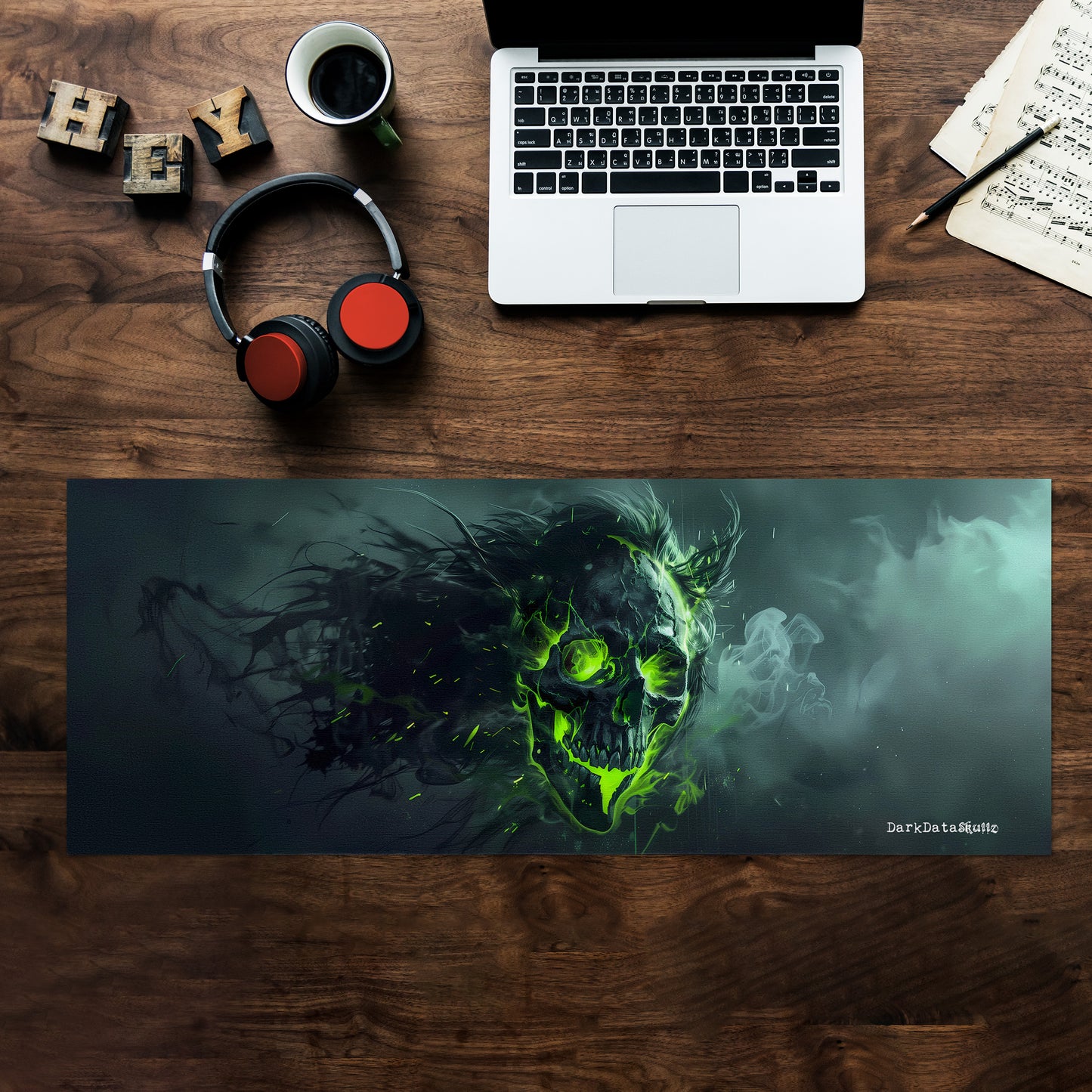 Neon Gamer Skull Smoke by Wikus Schalkwyk Large Desk Pad