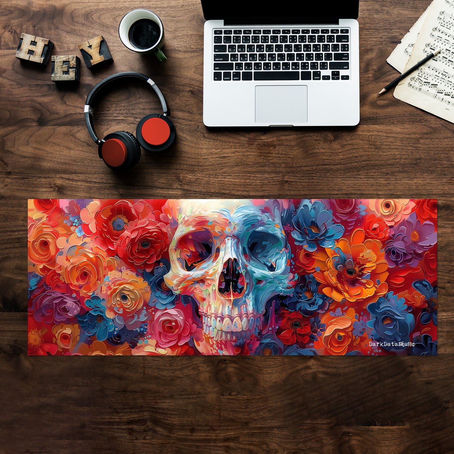 Oil Painted Floral Skull by Wikus Schalkwyk Large Desk Pad
