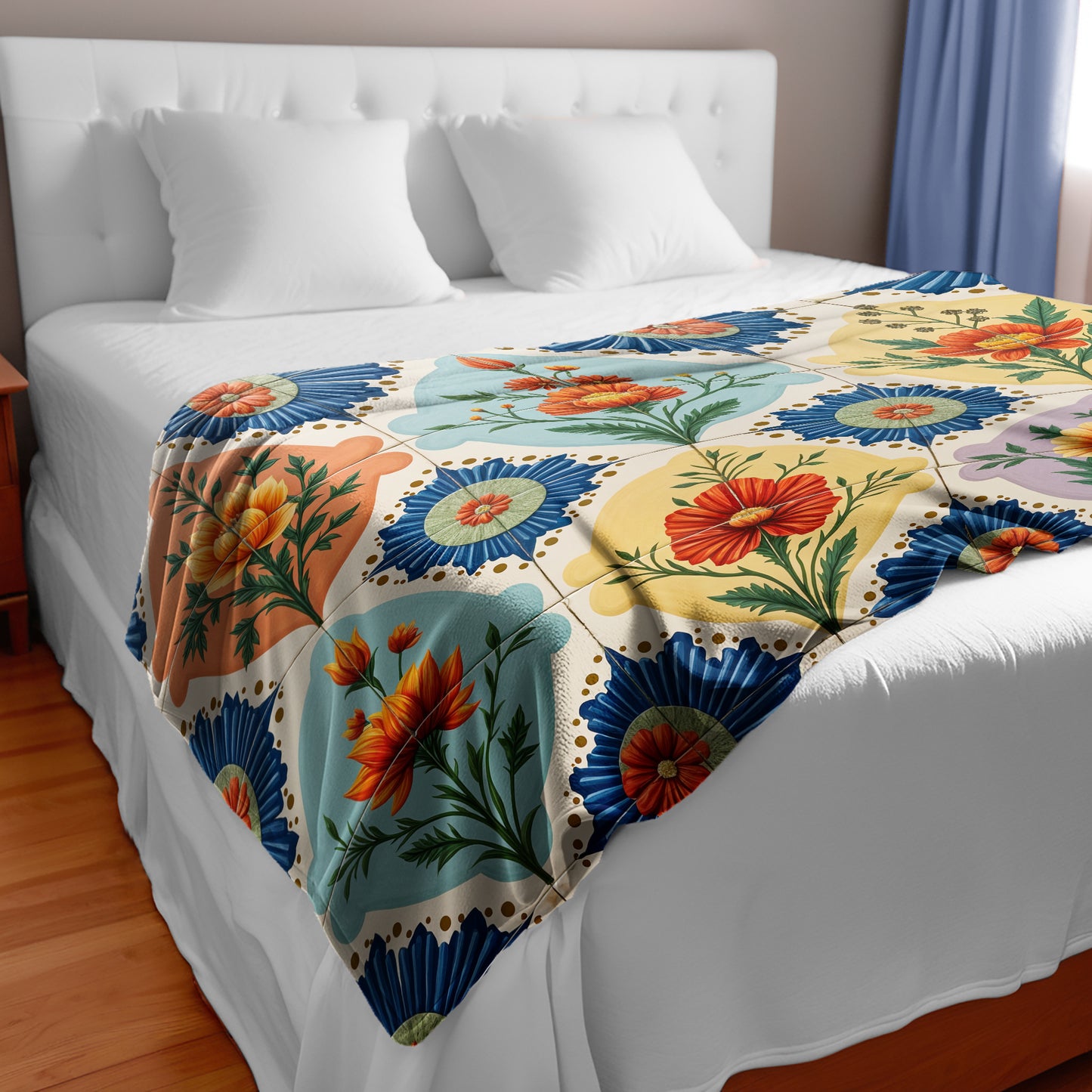 Painted Floral Tiles Bed Throw