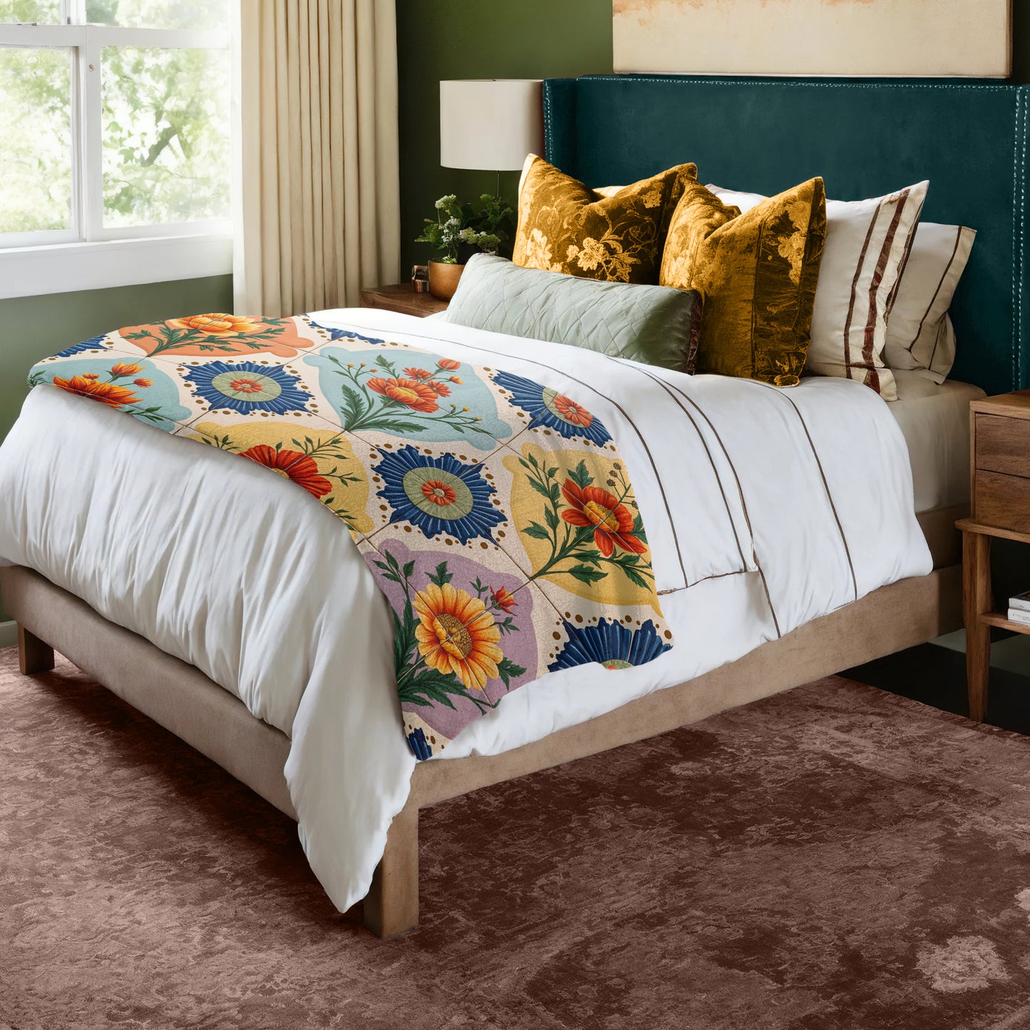 Painted Floral Tiles Bed Throw
