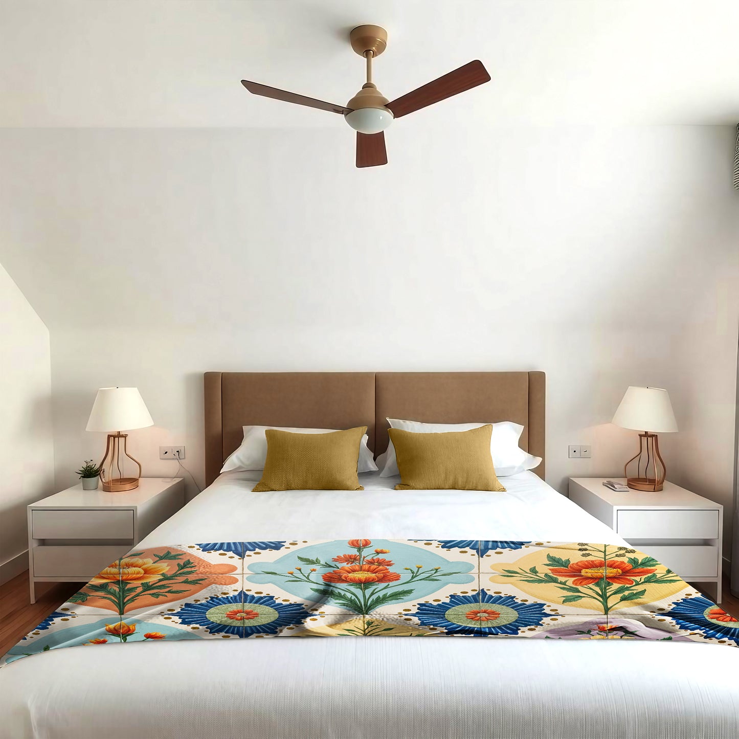 Painted Floral Tiles Bed Throw