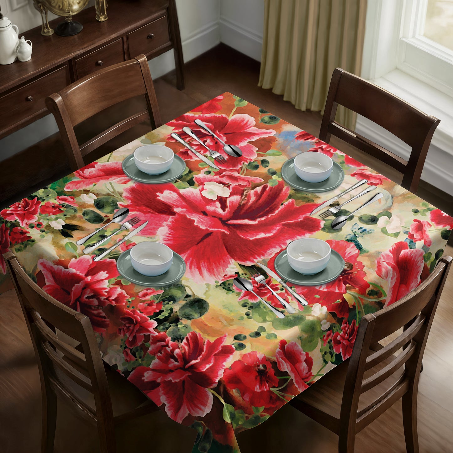 Painted Red Blooming Floral Square Tablecloth By Mark van Vuuren