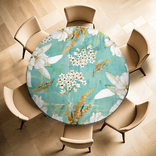 Pastel Teal Leaf Vines Round Tablecloth by Mark van Vuuren