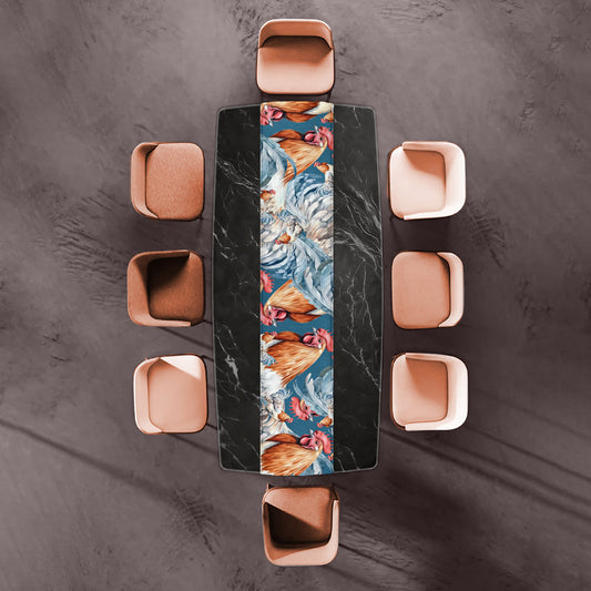 Peach Painted Rooster on Blue Table Runner By Mark Van Vuuren