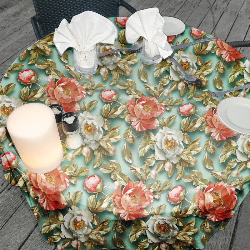 Peach Peonies on Mint Round Tablecloth