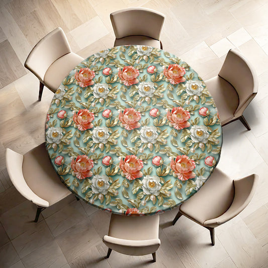 Peach Peonies on Mint Round Tablecloth